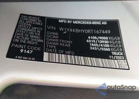 2024 Mercedes-Benz Sprinter 2500 Standard Roof 4-Cyl Diesel from USA, damaged, VIN W1Y4KBHY0RT167449